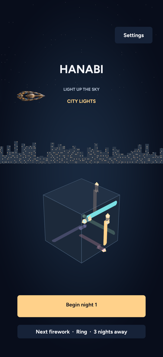 Hanabi home screen with the first night's cube over the city