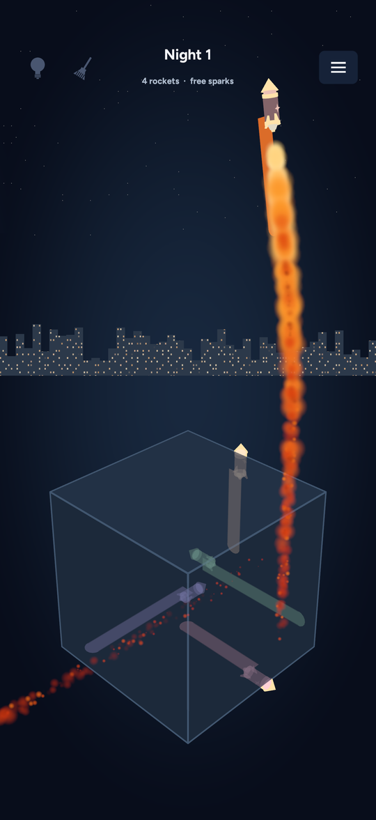 A rocket streaking up from the cube into the sky