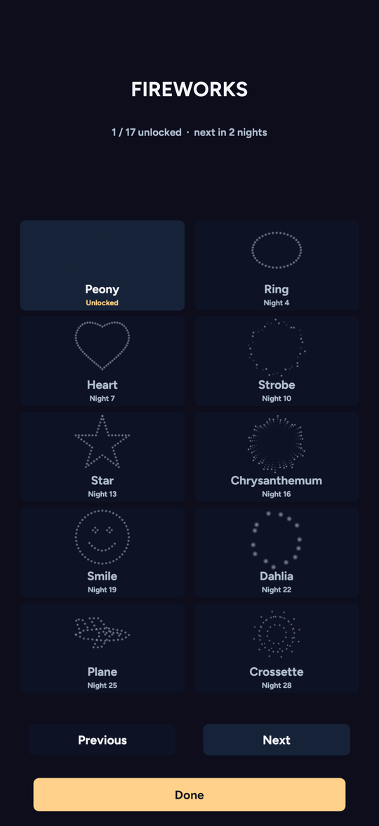 The fireworks album listing shapes unlocked by night