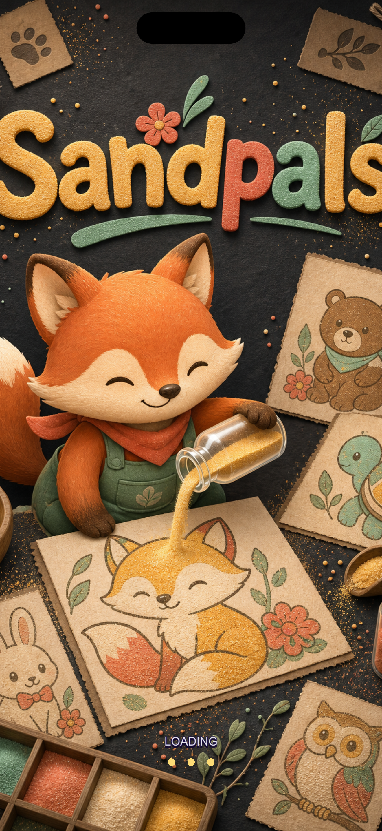 Sandpals splash screen with fox and sand art