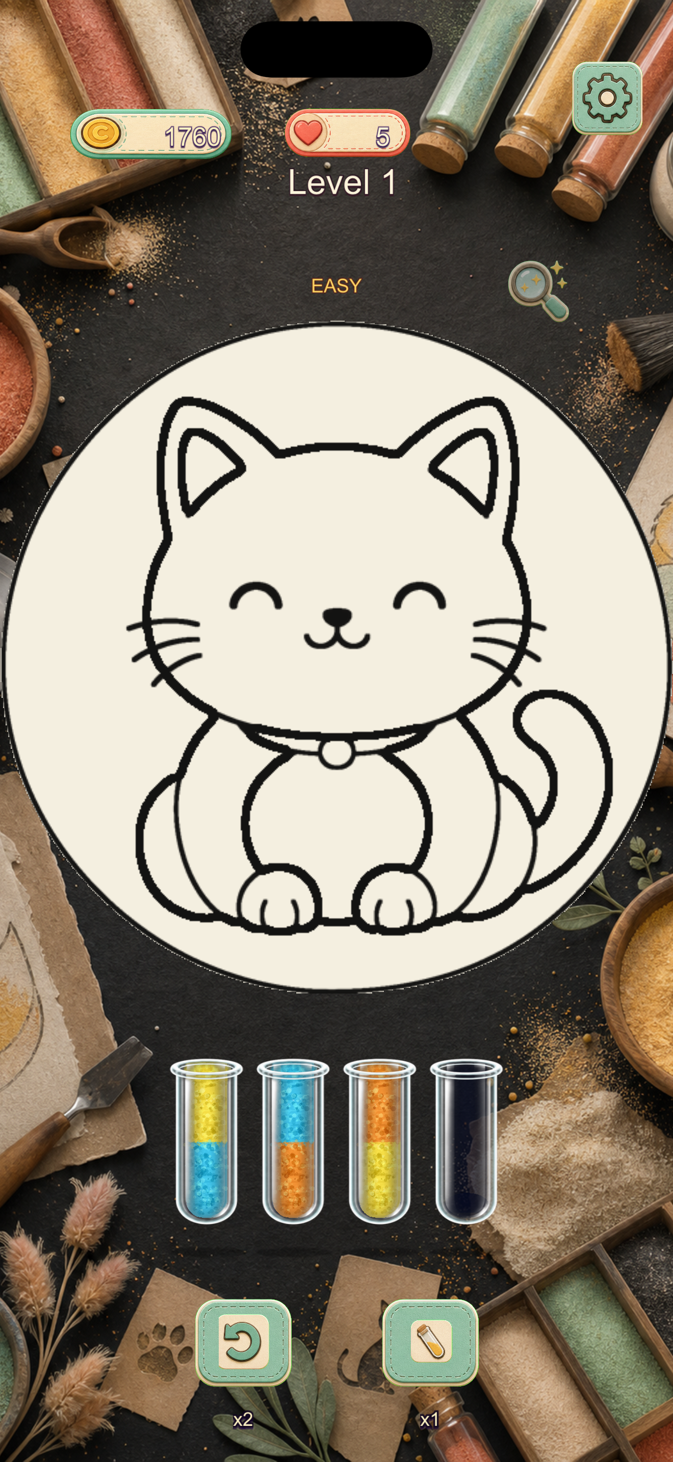 Sandpals gameplay screenshot with sand tubes and cat artwork